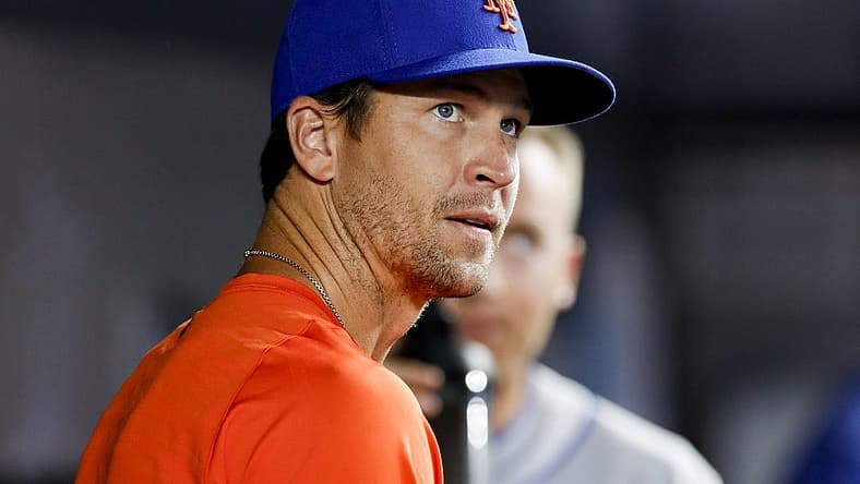 Jul 29, 2022; Miami, Florida, USA; New York Mets starting pitcher Jacob deGrom (48) watches from inside the dugout during the game against the Miami Marlins at loanDepot Park. Mandatory Credit: Sam Navarro-USA TODAY Sports