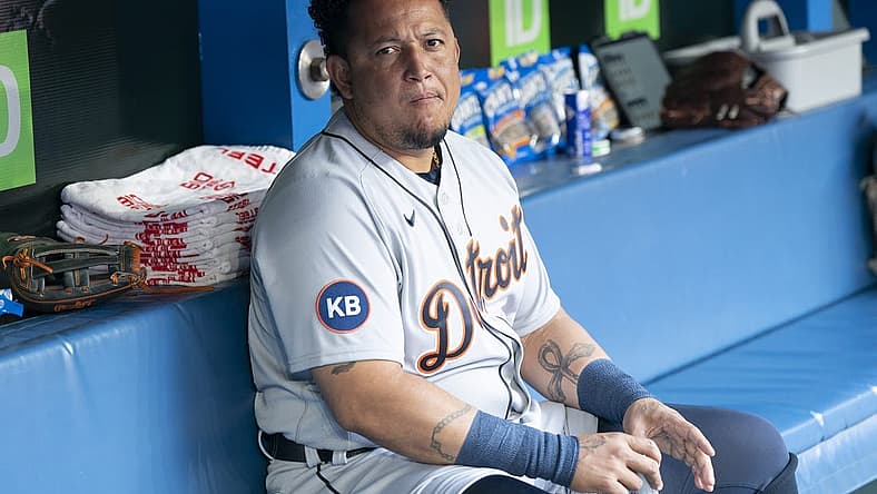 Jul 28, 2022; Toronto, Ontario, CAN; Detroit Tigers designated hitter Miguel Cabrera (24) sits in the dugout during the pregame against the Toronto Blue Jays at Rogers Centre. Mandatory Credit: Nick Turchiaro-USA TODAY Sports
