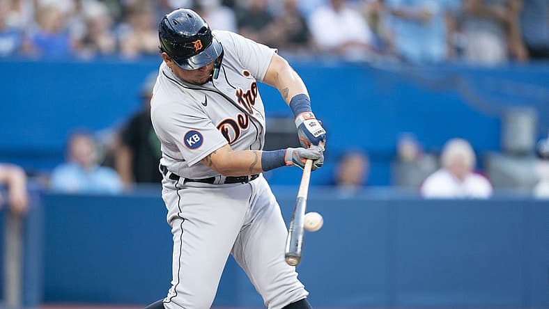Jul 28, 2022; Toronto, Ontario, CAN; Detroit Tigers designated hitter Miguel Cabrera (24) hits a ball against the Toronto Blue Jays during the first inning at Rogers Centre. Mandatory Credit: Nick Turchiaro-USA TODAY Sports