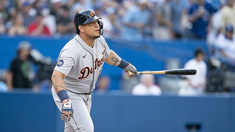 Jul 28, 2022; Toronto, Ontario, CAN; Detroit Tigers designated hitter Miguel Cabrera (24) reacts after hitting a ball against the Toronto Blue Jays during the first inning at Rogers Centre. Mandatory Credit: Nick Turchiaro-USA TODAY Sports