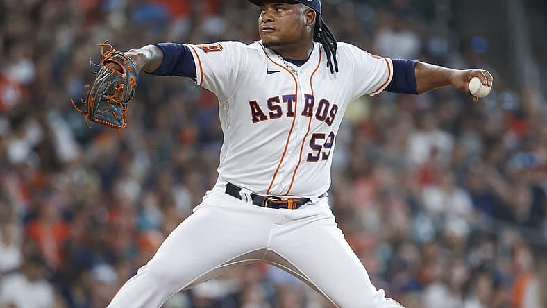 Jul 30, 2022; Houston, Texas, USA; Houston Astros starting pitcher Framber Valdez (59) delivers a pitch during the first inning against the Seattle Mariners at Minute Maid Park. Mandatory Credit: Troy Taormina-USA TODAY Sports