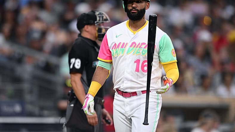 Jul 30, 2022; San Diego, California, USA; San Diego Padres right fielder Nomar Mazara (16) flips his bat after striking out during the eighth inning against the Minnesota Twins at Petco Park. Mandatory Credit: Orlando Ramirez-USA TODAY Sports