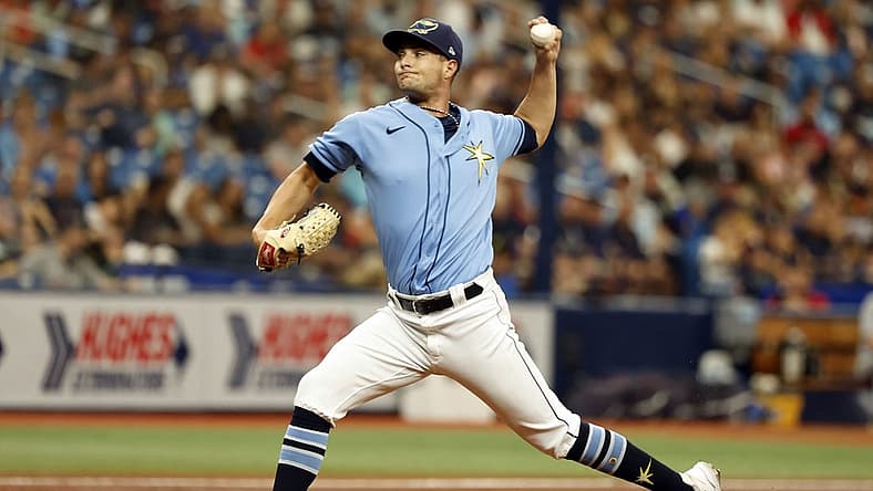 Jul 31, 2022; St. Petersburg, Florida, USA; Tampa Bay Rays starting pitcher Shane McClanahan (18) throws a pitch against the Cleveland Guardians during the second inning at Tropicana Field. Mandatory Credit: Kim Klement-USA TODAY Sports