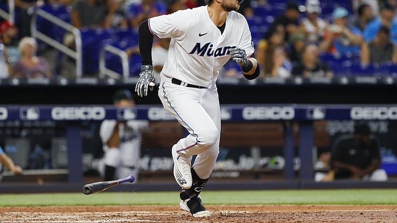 Jul 31, 2022; Miami, Florida, USA; Miami Marlins third baseman Charles Leblanc (83) runs the bases after hitting a double during the fifth inning against the New York Mets at loanDepot Park. Mandatory Credit: Sam Navarro-USA TODAY Sports