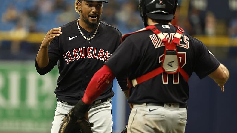 Jul 31, 2022; St. Petersburg, Florida, USA; Cleveland Guardians relief pitcher Emmanuel Clase (48) and catcher Austin Hedges (17) celebrate as they beat the Tampa Bay Rays at Tropicana Field. Mandatory Credit: Kim Klement-USA TODAY Sports