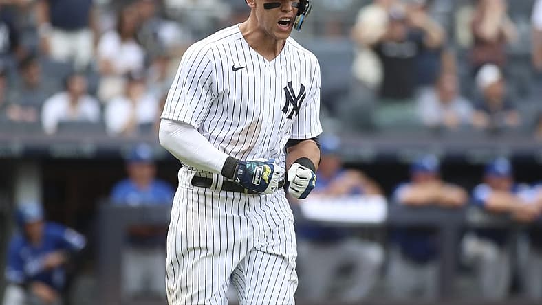 Jul 31, 2022; Bronx, New York, USA; New York Yankees center fielder Aaron Judge (99) reacts after flying out in the ninth inning against the Kansas City Royals at Yankee Stadium. Mandatory Credit: Wendell Cruz-USA TODAY Sports