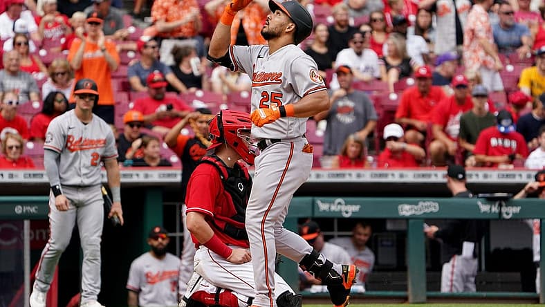 Baltimore Orioles left fielder Anthony Santander (25) celebrates a game-tying home run during the eighth inning of a baseball game against the Cincinnati Reds, Sunday, July 31, 2022, Great American Ball Park in Cincinnati.

Baltimore Orioles At Cincinnati Reds July 31 0031