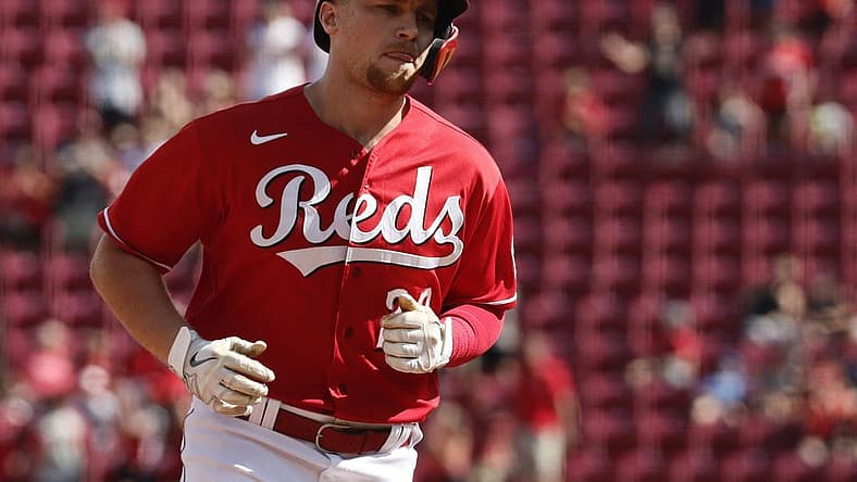 Jul 31, 2022; Cincinnati, Ohio, USA; Cincinnati Reds first baseman Brandon Drury (22) rounds the bases after hitting a home run against the Baltimore Orioles during the eighth inning at Great American Ball Park. Mandatory Credit: David Kohl-USA TODAY Sports