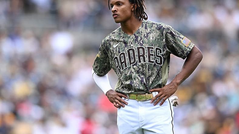 Jul 31, 2022; San Diego, California, USA; San Diego Padres second baseman baseman C.J. Abrams (77) looks on before the ninth inning against the Minnesota Twins at Petco Park. Mandatory Credit: Orlando Ramirez-USA TODAY Sports