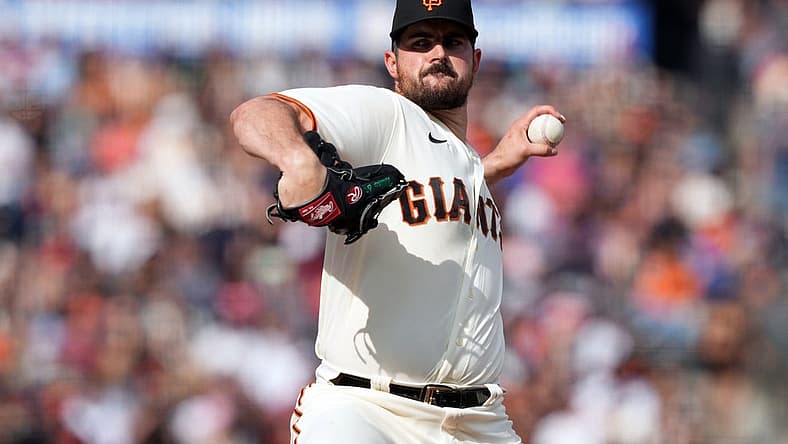 Jul 31, 2022; San Francisco, California, USA; San Francisco Giants starting pitcher Carlos Rodon (16) throws a pitch against the Chicago Cubs during the fourth inning at Oracle Park. Mandatory Credit: Darren Yamashita-USA TODAY Sports