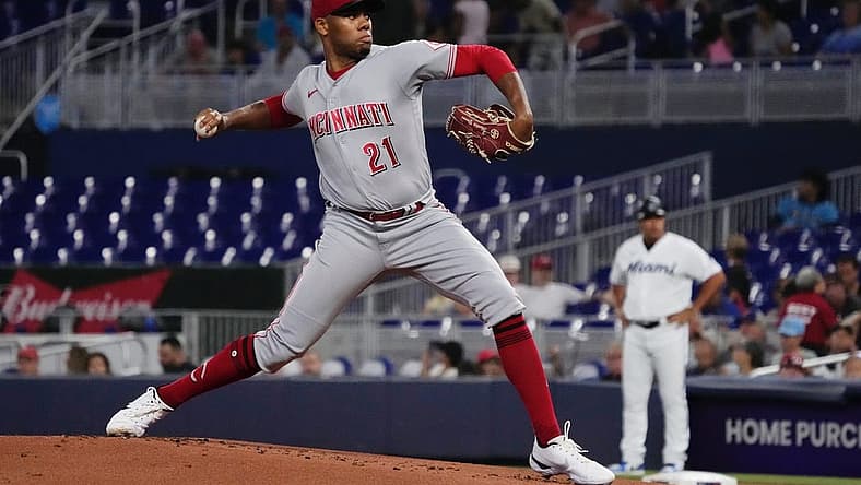 Aug 1, 2022; Miami, Florida, USA; Cincinnati Reds starting pitcher Hunter Greene (21) delivers a pitch in the first inning against the Miami Marlins at loanDepot park. Mandatory Credit: Jasen Vinlove-USA TODAY Sports