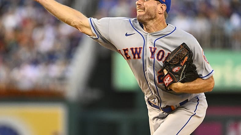Aug 1, 2022; Washington, District of Columbia, USA; New York Mets starting pitcher Max Scherzer (21) throws to the Washington Nationals during the second inning at Nationals Park. Mandatory Credit: Brad Mills-USA TODAY Sports