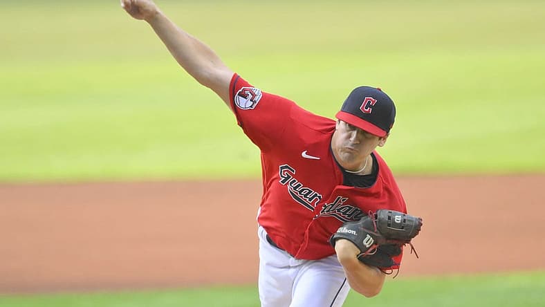 Aug 1, 2022; Cleveland, Ohio, USA; Cleveland Guardians starting pitcher Cal Quantrill (47) delivers a pitch in the first inning against the Arizona Diamondbacks at Progressive Field. Mandatory Credit: David Richard-USA TODAY Sports