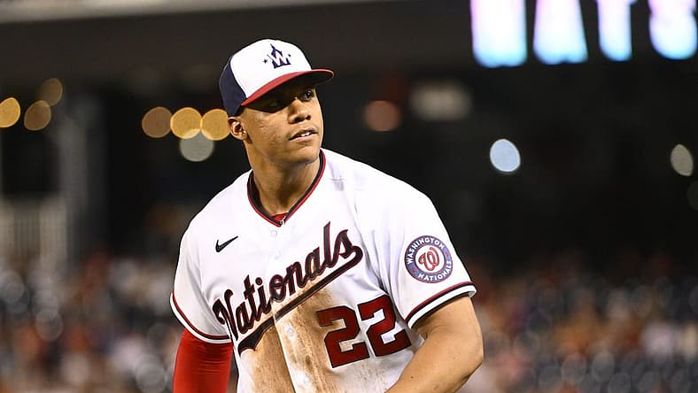 Aug 1, 2022; Washington, District of Columbia, USA; Washington Nationals right fielder Juan Soto (22) on the field during the fifth inning against the New York Mets at Nationals Park. Mandatory Credit: Brad Mills-USA TODAY Sports