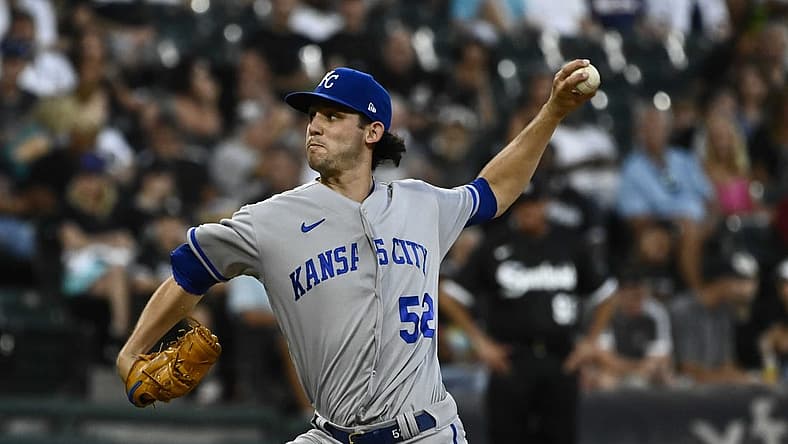 Aug 1, 2022; Chicago, Illinois, USA; Kansas City Royals starting pitcher Daniel Lynch (52) delivers against the Chicago White Sox during the third inning at Guaranteed Rate Field. Mandatory Credit: Matt Marton-USA TODAY Sports