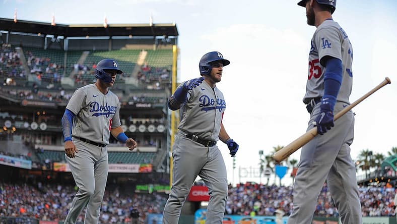 Aug 1, 2022; San Francisco, California, USA; Los Angeles Dodgers third baseman Max Muncy (13) celebrates with center fielder Cody Bellinger (35) after hitting a two run home run during the second inning against the San Francisco Giants at Oracle Park. Mandatory Credit: Sergio Estrada-USA TODAY Sports