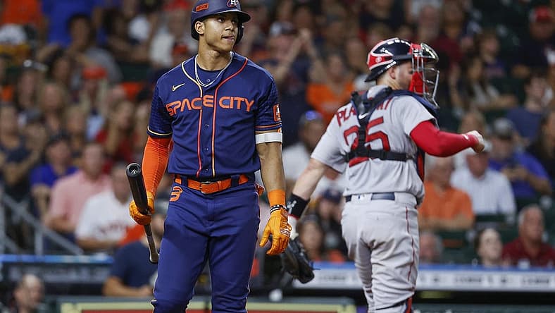 Aug 1, 2022; Houston, Texas, USA; Houston Astros shortstop Jeremy Pena (3) reacts after striking out during the eighth inning against the Boston Red Sox at Minute Maid Park. Mandatory Credit: Troy Taormina-USA TODAY Sports
