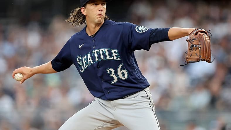 Aug 2, 2022; Bronx, New York, USA; Seattle Mariners starting pitcher Logan Gilbert (36) pitches against the New York Yankees during the first inning at Yankee Stadium. Mandatory Credit: Brad Penner-USA TODAY Sports