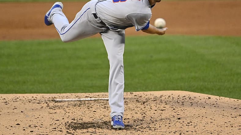 Aug 2, 2022; Washington, District of Columbia, USA; New York Mets starting pitcher Jacob DeGrom (48) throws to the Washington Nationals during the third inning at Nationals Park. Mandatory Credit: Brad Mills-USA TODAY Sports