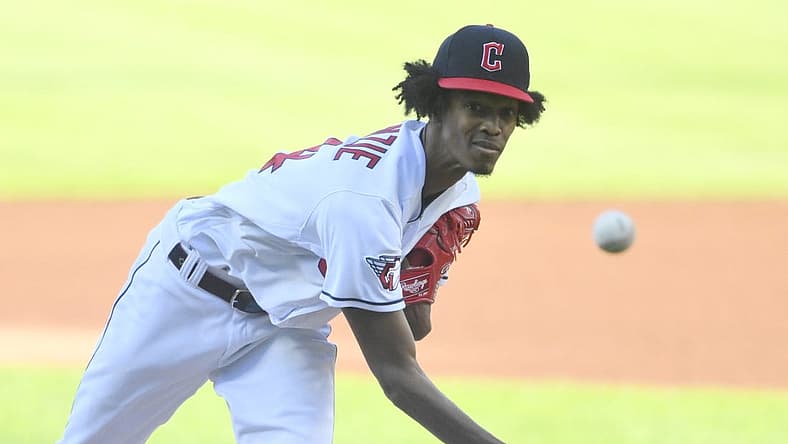 Aug 2, 2022; Cleveland, Ohio, USA; Cleveland Guardians starting pitcher Triston McKenzie (24) delivers a pitch in the first inning against the Arizona Diamondbacks at Progressive Field. Mandatory Credit: David Richard-USA TODAY Sports