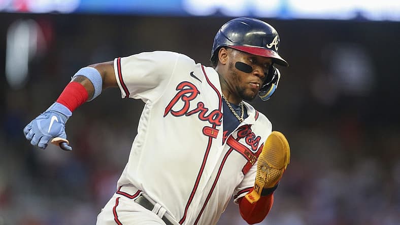 Aug 2, 2022; Atlanta, Georgia, USA; Atlanta Braves right fielder Ronald Acuna Jr. (13) rounds third against the Philadelphia Phillies in the third inning at Truist Park. Mandatory Credit: Brett Davis-USA TODAY Sports