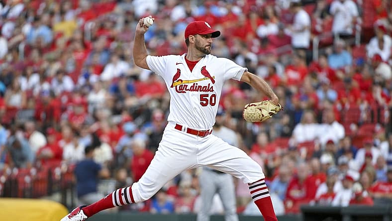 Aug 2, 2022; St. Louis, Missouri, USA; St. Louis Cardinals starting pitcher Adam Wainwright (50) pitches against the Chicago Cubs during the first inning at Busch Stadium. Mandatory Credit: Jeff Curry-USA TODAY Sports