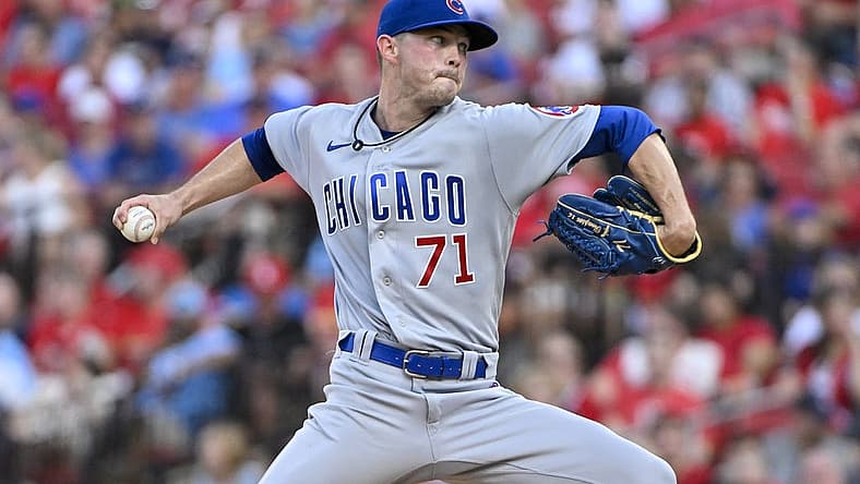 Aug 2, 2022; St. Louis, Missouri, USA; Chicago Cubs starting pitcher Keegan Thompson (71) pitches against the St. Louis Cardinals during the first inning at Busch Stadium. Mandatory Credit: Jeff Curry-USA TODAY Sports
