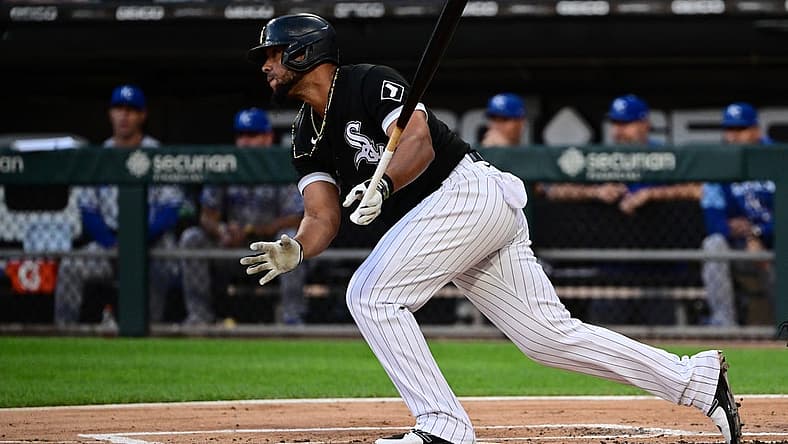 Aug 2, 2022; Chicago, Illinois, USA; Chicago White Sox first baseman Jose Abreu (79) hits a RBI single in the first inning against the Kansas City Royals at Guaranteed Rate Field. Mandatory Credit: Quinn Harris-USA TODAY Sports