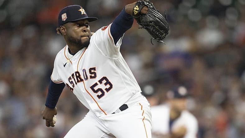 Aug 2, 2022; Houston, Texas, USA; Houston Astros starting pitcher Cristian Javier (53) pitches against the Boston Red Sox in the third inning at Minute Maid Park. Mandatory Credit: Thomas Shea-USA TODAY Sports