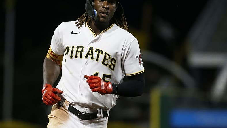 Aug 2, 2022; Pittsburgh, Pennsylvania, USA; Pittsburgh Pirates shortstop Oneil Cruz (15) circles the bases after a three-run home run against the Milwaukee Brewers during the sixth inning at PNC Park. Mandatory Credit: Charles LeClaire-USA TODAY Sports
