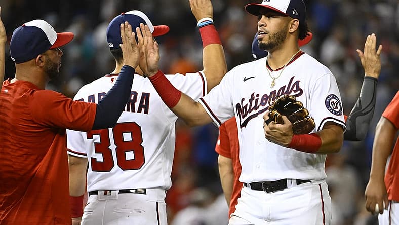 Aug 2, 2022; Washington, District of Columbia, USA; Washington Nationals shortstop Luis Garcia (2) celebrates after the game against the New York Mets at Nationals Park. Mandatory Credit: Brad Mills-USA TODAY Sports