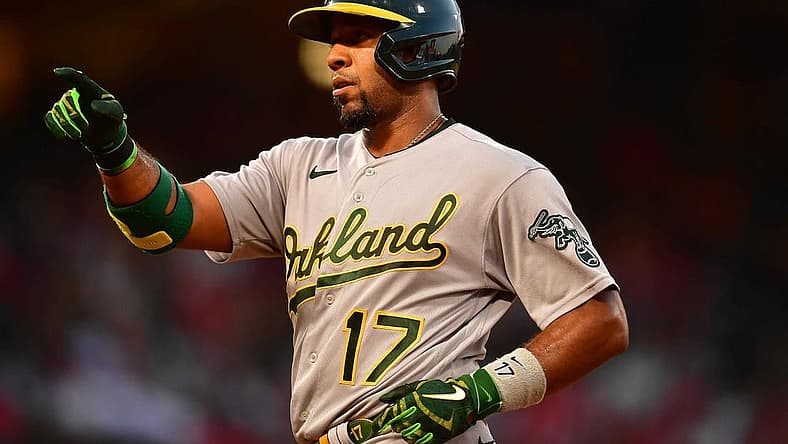 Aug 2, 2022; Anaheim, California, USA; Oakland Athletics shortstop Elvis Andrus (17) reacts after hitting a single against the Los Angeles Angels during the fourth inning at Angel Stadium. Mandatory Credit: Gary A. Vasquez-USA TODAY Sports