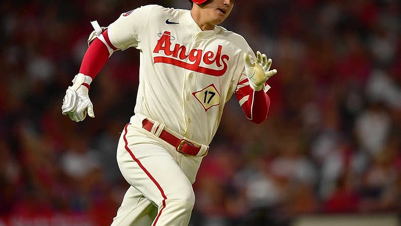 Aug 2, 2022; Anaheim, California, USA; Los Angeles Angels designated hitter Shohei Ohtani (17) runs after hitting a double against the Oakland Athletics during the fifth inning at Angel Stadium. Mandatory Credit: Gary A. Vasquez-USA TODAY Sports