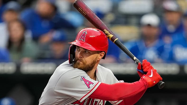 Jul 25, 2022; Kansas City, Missouri, USA; Los Angeles Angels first baseman Jared Walsh (20) bats against the Kansas City Royals during the first inning at Kauffman Stadium. Mandatory Credit: Jay Biggerstaff-USA TODAY Sports