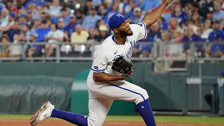 Jul 26, 2022; Kansas City, Missouri, USA; Kansas City Royals relief pitcher Amir Garrett (24) delivers a pitch against the Los Angeles Angels during the game at Kauffman Stadium. Mandatory Credit: Denny Medley-USA TODAY Sports