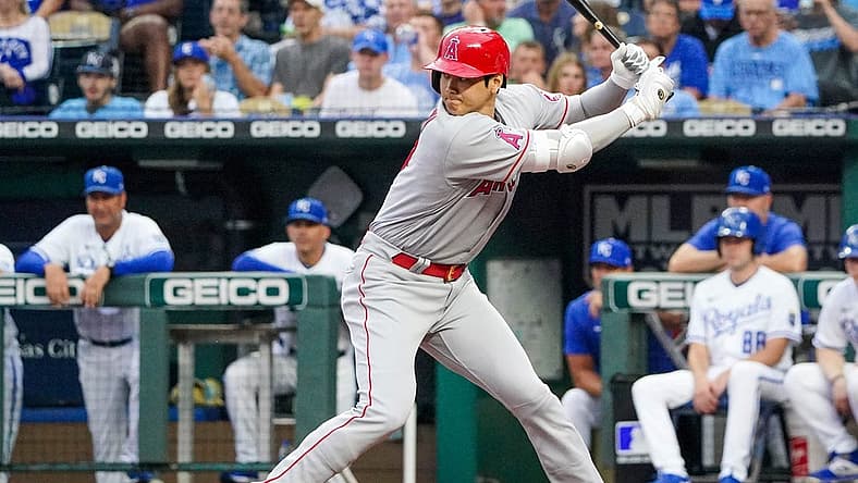 Jul 26, 2022; Kansas City, Missouri, USA; Los Angeles Angels designated hitter Shohei Ohtani (17) at bat against the Kansas City Royals during the game at Kauffman Stadium. Mandatory Credit: Denny Medley-USA TODAY Sports