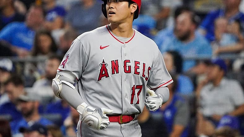 Jul 26, 2022; Kansas City, Missouri, USA; Los Angeles Angels designated hitter Shohei Ohtani (17) returns to the dugout after making an out against the Kansas City Royals during the game at Kauffman Stadium. Mandatory Credit: Denny Medley-USA TODAY Sports