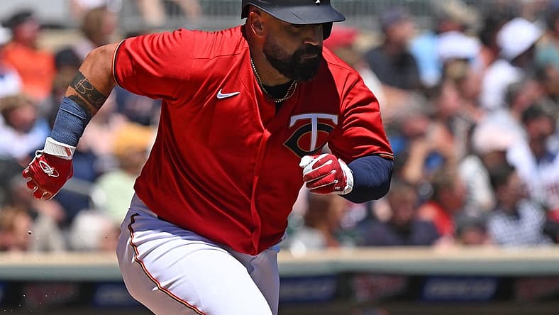 Aug 3, 2022; Minneapolis, Minnesota, USA; Minnesota Twins catcher Sandy Leon (39) heads to first on his two-run RBI double against the Detroit Tigers during the second inning at Target Field. Mandatory Credit: Nick Wosika-USA TODAY Sports