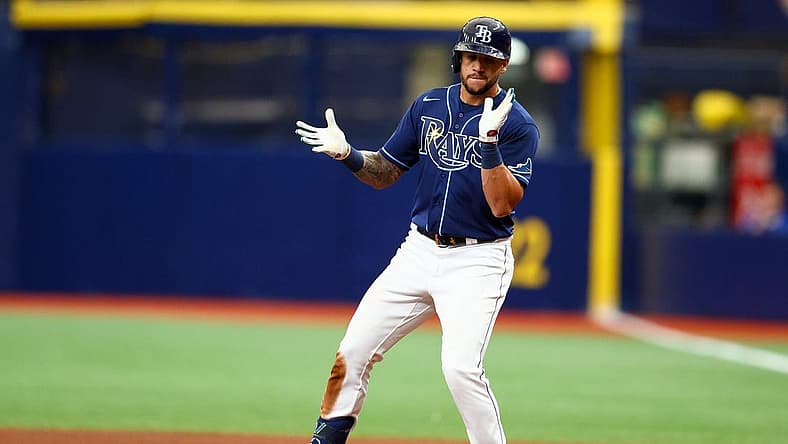 Aug 3, 2022; St. Petersburg, Florida, USA; Tampa Bay Rays left fielder David Peralta (6) reacts after hitting an rbi single against the Toronto Blue Jays in the sixth inning at Tropicana Field. Mandatory Credit: Nathan Ray Seebeck-USA TODAY Sports
