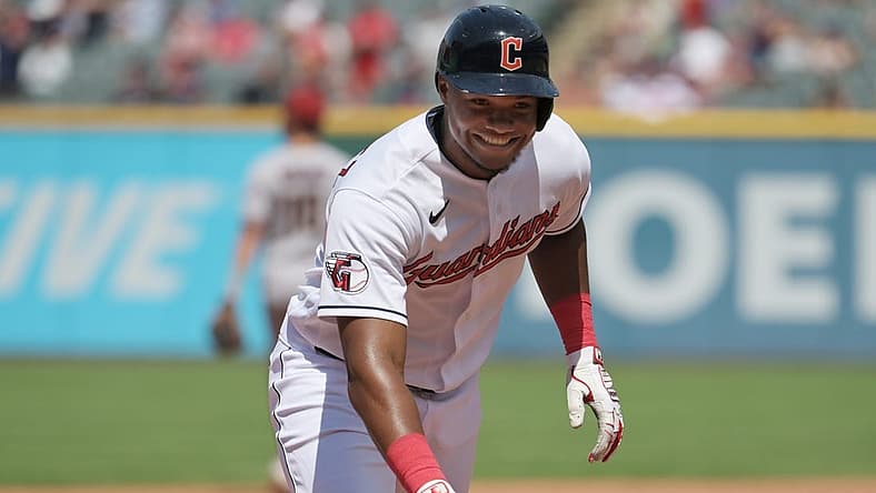 Aug 3, 2022; Cleveland, Ohio, USA; Cleveland Guardians right fielder Oscar Gonzalez (39) rounds the bases after hitting a home run during the sixth inning against the Arizona Diamondbacks at Progressive Field. Mandatory Credit: Ken Blaze-USA TODAY Sports