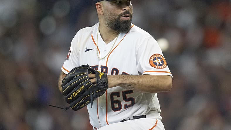 Aug 3, 2022; Houston, Texas, USA; Houston Astros starting pitcher Jose Urquidy (65) pitches against the Boston Red Sox in the fifth inning at Minute Maid Park. Mandatory Credit: Thomas Shea-USA TODAY Sports