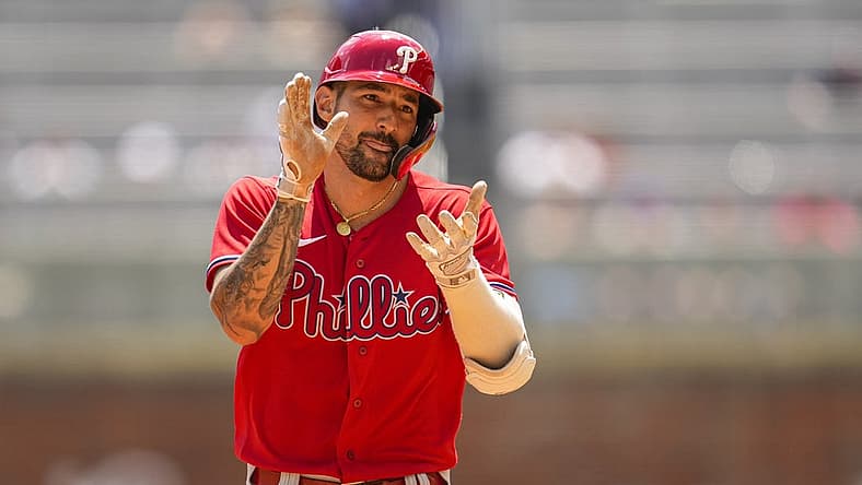 Aug 3, 2022; Cumberland, Georgia, USA; Philadelphia Phillies right fielder Nick Castellanos (8) reacts running the bases after hitting a two run home run against the Atlanta Braves during the eighth inning at Truist Park. Mandatory Credit: Dale Zanine-USA TODAY Sports