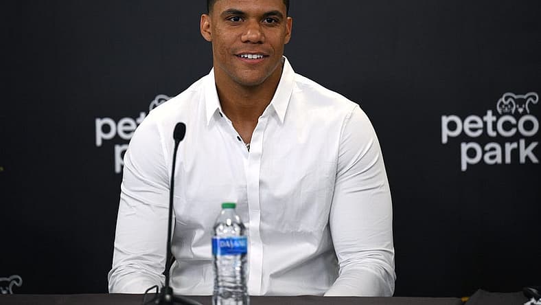 Aug 3, 2022; San Diego, CA, USA; San Diego Padres outfielder Juan Soto (22) looks on during a press conference at Petco Park. Mandatory Credit: Orlando Ramirez-USA TODAY Sports