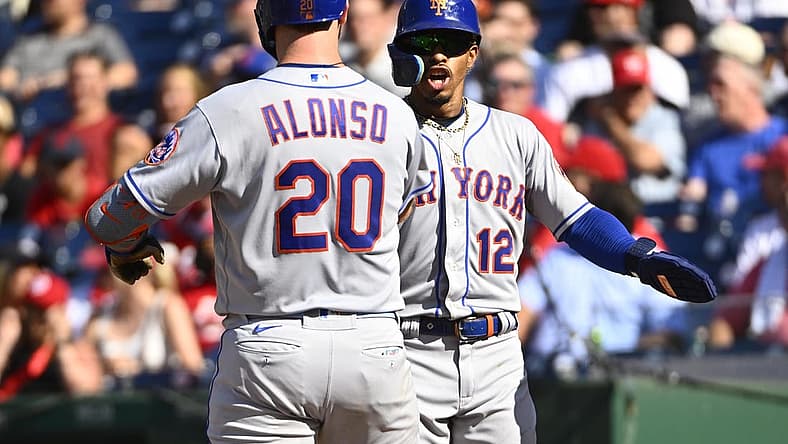 Aug 3, 2022; Washington, District of Columbia, USA; New York Mets first baseman Pete Alonso (20) is congratulated by shortstop Francisco Lindor (12) after hitting a two run home run during the third inning against the Washington Nationals at Nationals Park. Mandatory Credit: Brad Mills-USA TODAY Sports