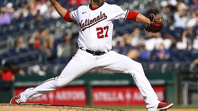 Aug 3, 2022; Washington, District of Columbia, USA; Washington Nationals starting pitcher Anibal Sanchez (27) throws to the New York Mets during the fifth inning at Nationals Park. Mandatory Credit: Brad Mills-USA TODAY Sports