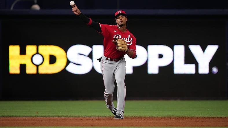 Aug 3, 2022; Miami, Florida, USA; Cincinnati Reds shortstop Jose Barrero (2) throws out Miami Marlins shortstop Miguel Rojas (not pictured) in the seventh inning at loanDepot Park. Mandatory Credit: Jasen Vinlove-USA TODAY Sports