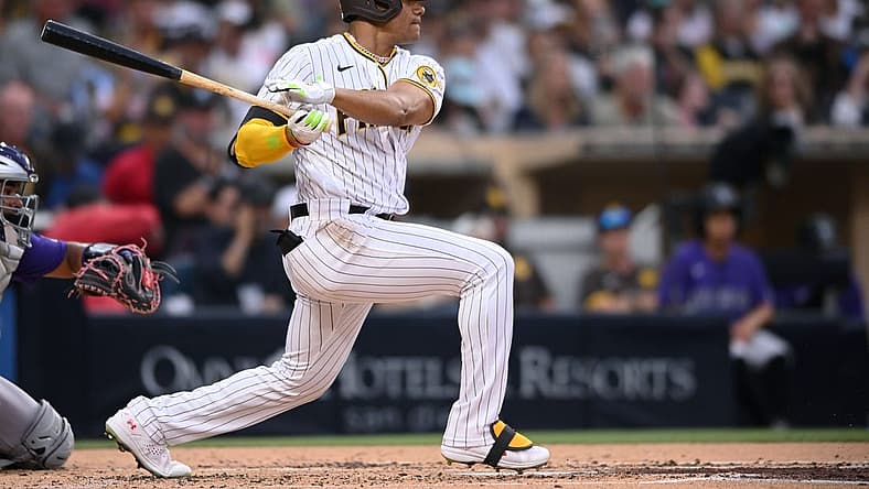 Aug 3, 2022; San Diego, California, USA; San Diego Padres right fielder Juan Soto (22) grounds out during the second inning against the Colorado Rockies at Petco Park. Mandatory Credit: Orlando Ramirez-USA TODAY Sports