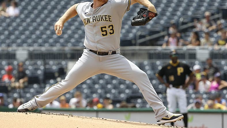Aug 4, 2022; Pittsburgh, Pennsylvania, USA; Milwaukee Brewers starting pitcher Brandon Woodruff (53) delivers a pitch against the Pittsburgh Pirates during the first inning at PNC Park. Mandatory Credit: Charles LeClaire-USA TODAY Sports