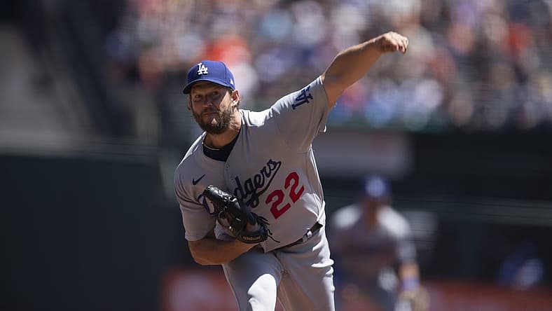 Aug 4, 2022; San Francisco, California, USA; Los Angeles Dodgers starting pitcher Clayon Kershaw (22) delivers a pitch against the San Francisco Giants during the first inning at Oracle Park. Mandatory Credit: D. Ross Cameron-USA TODAY Sports