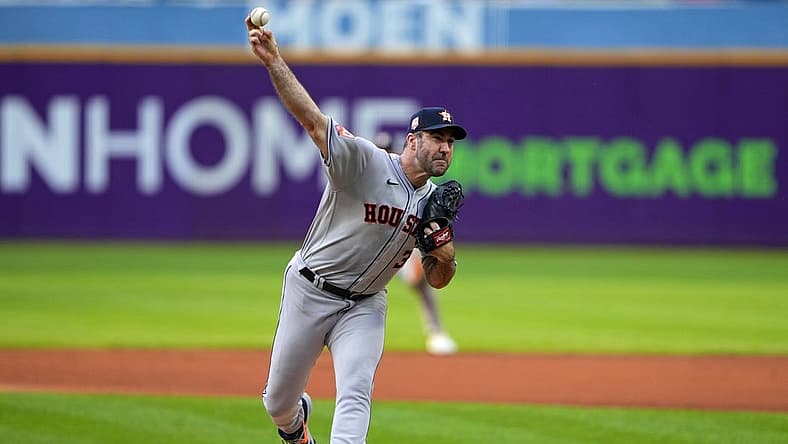 Aug 4, 2022; Cleveland, Ohio, USA; Houston Astros pitcher Justin Verlander (35) delivers a pitch against the Cleveland Guardians during the first inning at Progressive Field. Mandatory Credit: Gregory Fisher-USA TODAY Sports